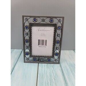 Heirloom Picture Frame Blue Floral Silver Tone 2x3 Photo Tabletop